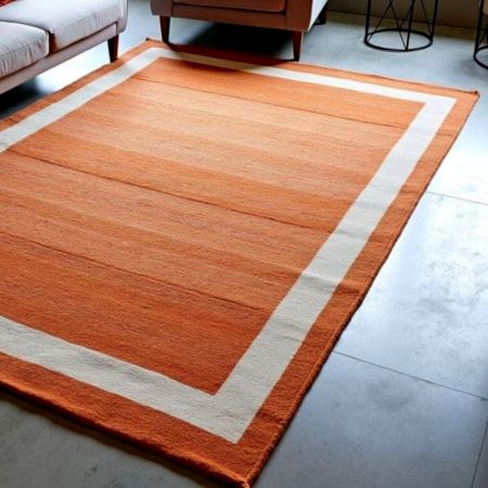 Hand Knotted Orange And Beige Wool Rug